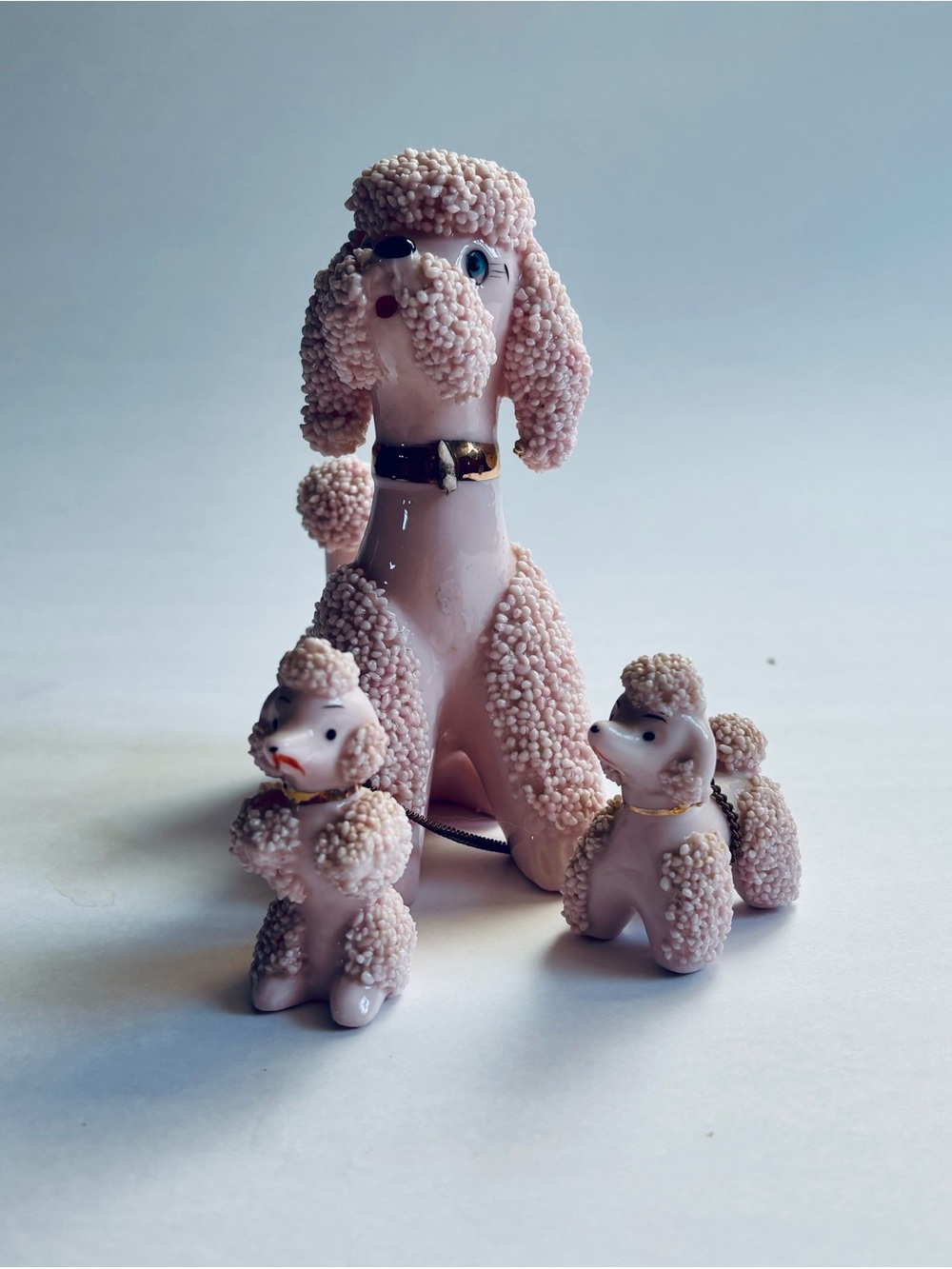 Vintage MCM Pink Milk Glass Style Spaghetti Poodle Family Figurines